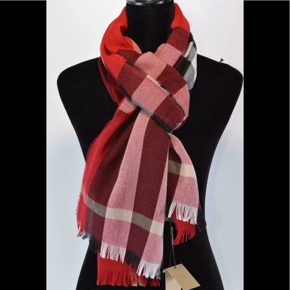 BURBERRY Wool Cashmere Unisex Check Fringe Scarf